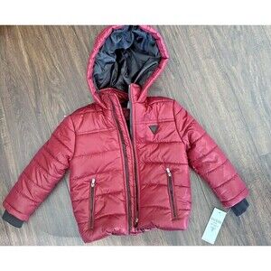Guess Kids Toddlers Boys Puffer Hooded Jacket Trendy Holidays Red Burgundy S(4)
